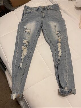 Light Blue Distressed Boyfriend Jeans for Women